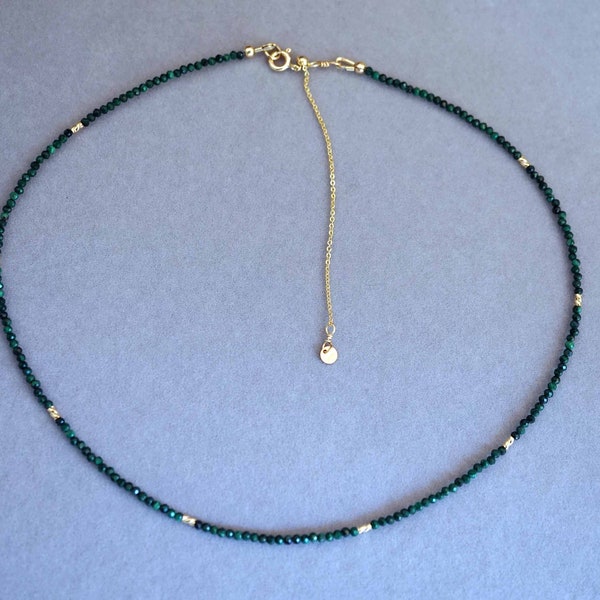 Faceted Malachite Necklace, Tiny Malachite Choker, Green Malachite Necklace, Adjustable Length Necklace, 2mm