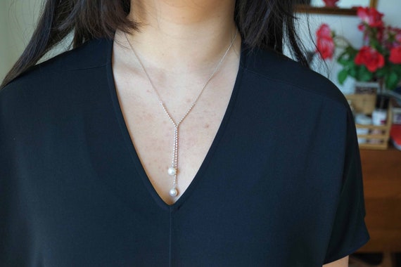 Freshwater Pearl Lariat Necklace, Pearl Drop Y Necklace, Sterling Silver Lariat Necklace, Fancy Necklace