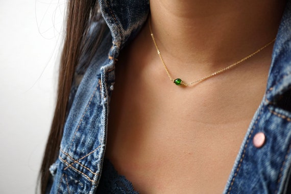 Chrome Diopside Choker Necklace in Gold-filled Cable Chain Stacking Necklace gift For Her