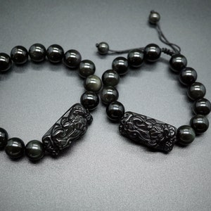 Natural Obsidian Pixiu Bracelet,  Rainbow Obsidian Piyao, Adjustable Bracelet, 12mm