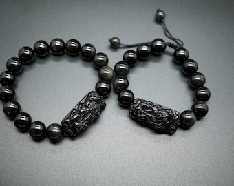 Natural Obsidian Pixiu Bracelet,  Rainbow Obsidian Piyao, Adjustable Bracelet, 12mm
