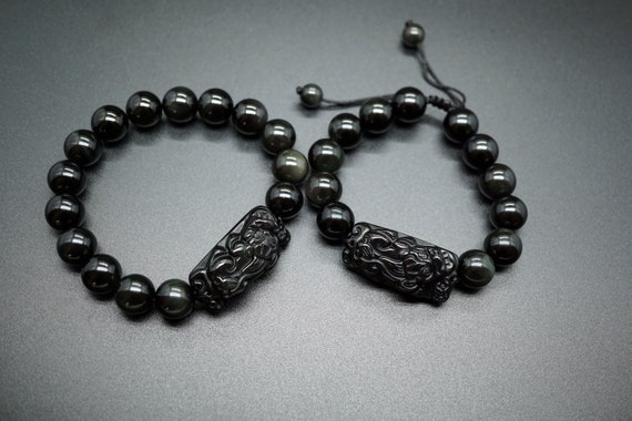 Natural Obsidian Pixiu Bracelet,  Rainbow Obsidian Piyao, Adjustable Bracelet, 12mm