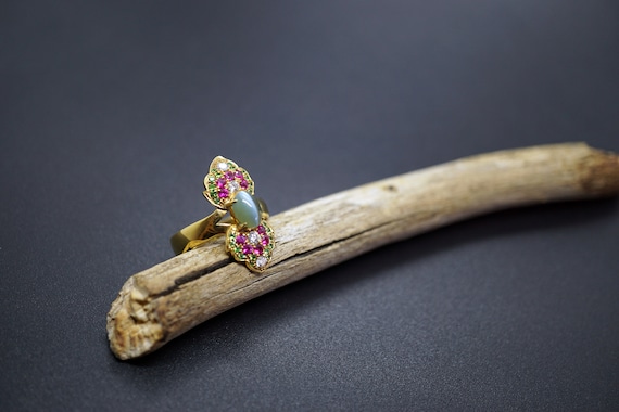 18K Yellow Gold Ring, Cat's Eye Midi Ring, Multi Gemstone Pinky Finger Ring, Diamond Ruby Ring US4