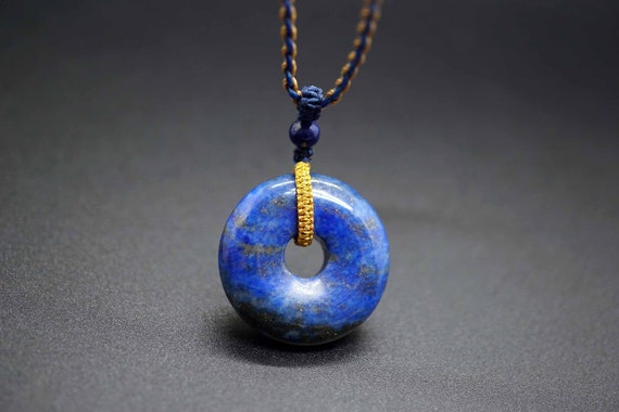 Donut Lapis Lazuli Pendant, Round Lapis Lazuli Charm, Handmade Cord Necklace
