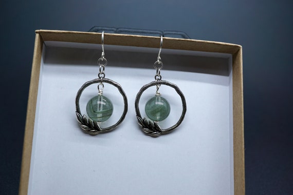 Natural Phantom Earrings, Silver Twig Dangle Earrings, Silver Leaf Hook Earrings, Handmade Earrings
