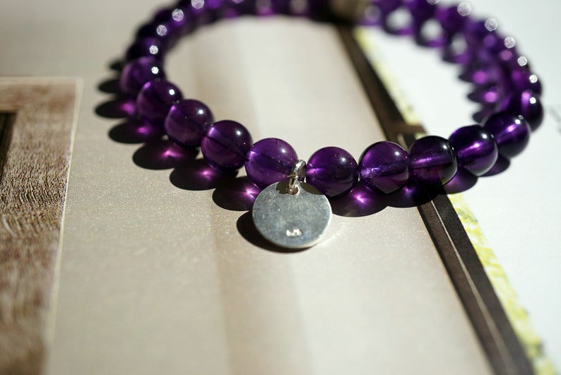 Natural Amethyst Sterling Silver Bracelet Round Beads Elegant February Birthstone Crystal Healing 6.8MM