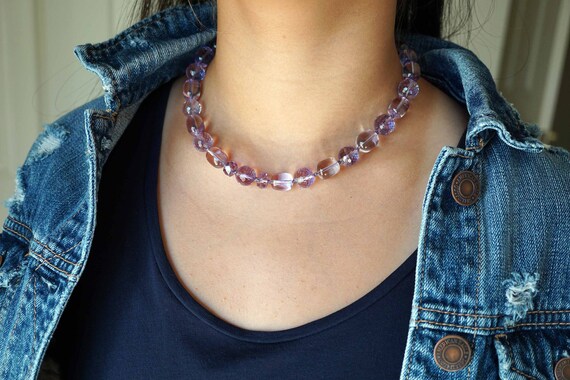 Natural Amethyst Beaded Necklace, Knotted Light Purple Bead Necklace, Beaded Choker Necklace 17''