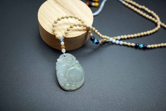 Natural Jadeite Pendant, Light Green Carved Jade, Peach Jade Charm Necklace