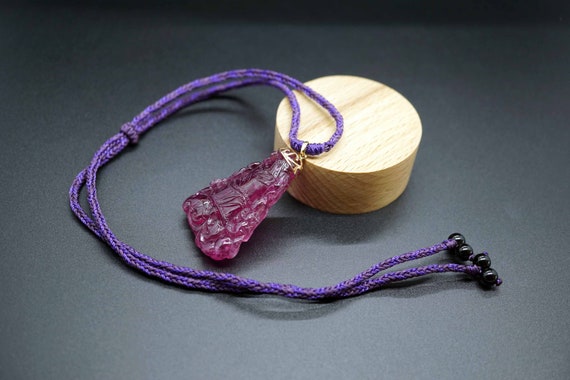 18K Rose Gold Pendant, Red Tourmaline Pendant, Carved Red Tourmaline Charm, Natural Red Tourmaline, Handmade Mixed Color Cord Necklace