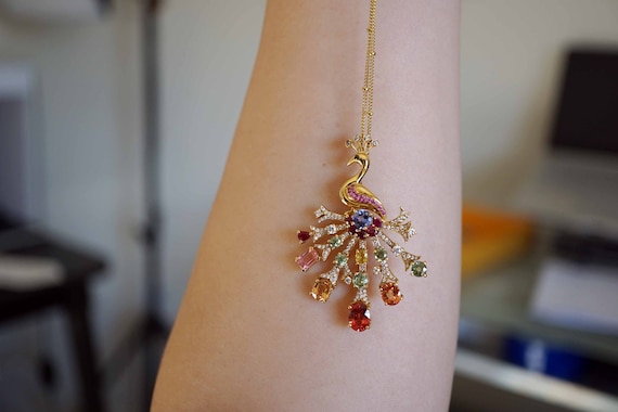 Sapphire Pendant, Sapphire Peacock Charm, 18K Yellow Gold Peacock Pendant, Diamond Pendant Necklace