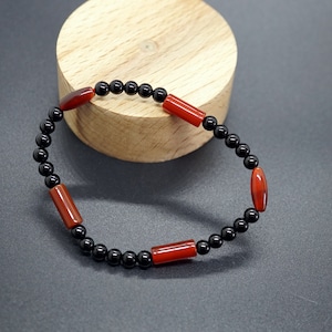 Red Carnelian & Black Onyx Beaded Bracelet - 5mm