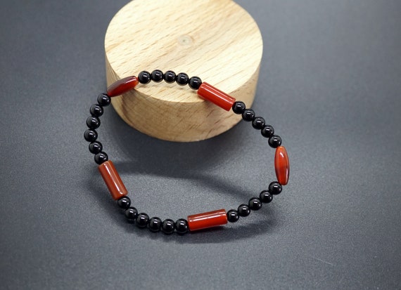 Red Carnelian Bracelet, Black Onyx Beaded Bracelet, Dainty Black Beaded Bracelet 5mm