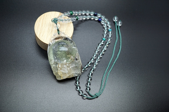 Genuine Green Phantom, Carved Quartz Pendant, Clear Quartz Beaded Necklace