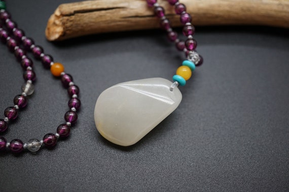 Natural Fatty Jade Pendant, White Jade Nugget Charm, Lapis Bead Necklace, Rhodolite Garnet Necklace