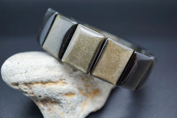 Gold Obsidian Beaded Bracelet, Protective Stone Bangle, 7.5 inch