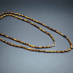 Tiger&#39;s Eye Long Necklace, Tiger Eye Beaded Necklace, Lapis Lazuli Charm Necklace, 3.2mm