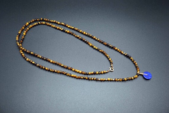 Tiger's Eye Long Necklace, Tiger Eye Beaded Necklace, Lapis Lazuli Charm Necklace, 3.2mm