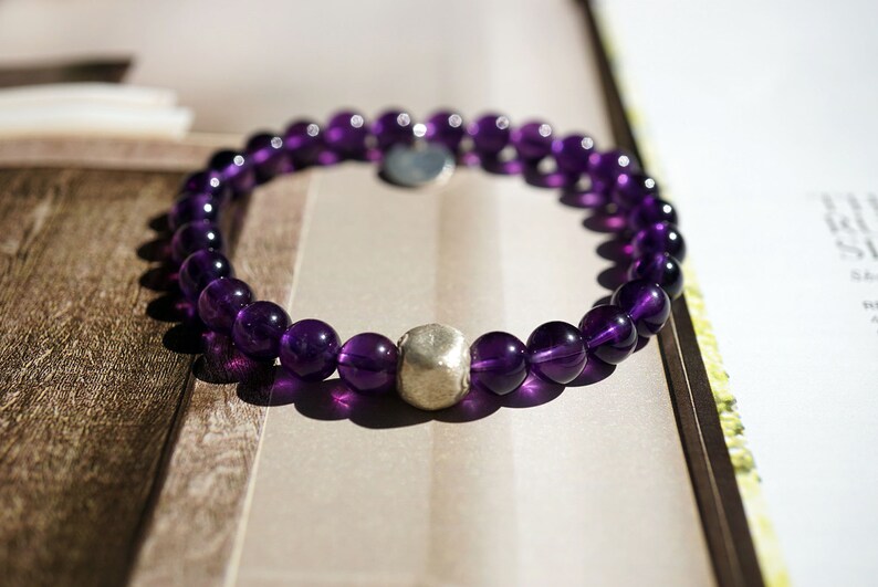 Natural Amethyst Sterling Silver Bracelet Round Beads Elegant February Birthstone Crystal Healing 6.8MM