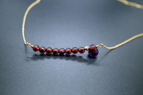 Garnet Gold Necklace, Smile Garnet Necklace, Garnet Bead Bar Charm, January Birthstone