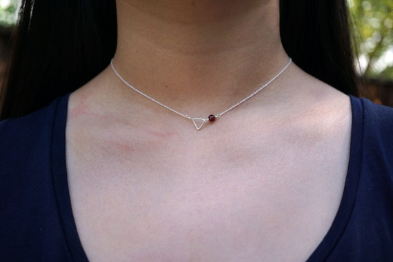 Natural Garnet With Sterling Silver Chain Choker Necklace Trangle Charm Red-wine Layering Gift for Her