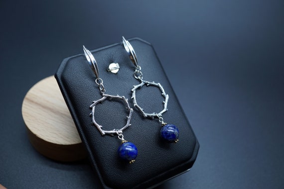 Natural Lapis Earring, Silver Circle of Thorns Dangle Earring, Silver Hook Earring
