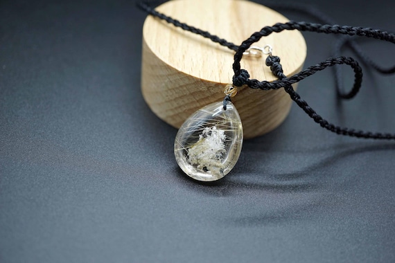 Golden Rutilated Quartz Pendant, Teardrop Quartz Charm, Black Cord Necklace, Quartz Pendant for Men
