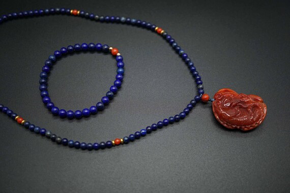 Natural Red South Agate Pendant, Carved Fish Charm, Red Fish Pendant, Lapis Lazuli Necklace Set
