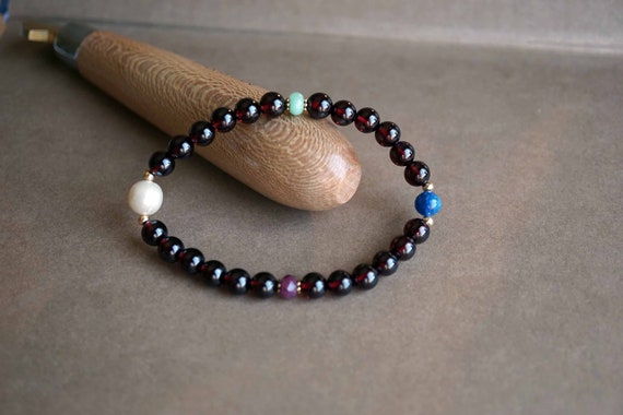 Natural Red Garnet Bracelet, Ruby Kyanite Jade Mixed Beaded Bracelet, 6.5mm, Almandine Garnet