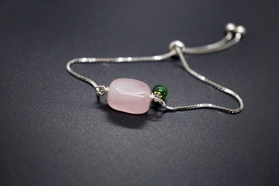 Platinum Plated Silver Adjustable Chain, Rose Quartz Nugget Chrome Diopside Charm Bracelet For Her