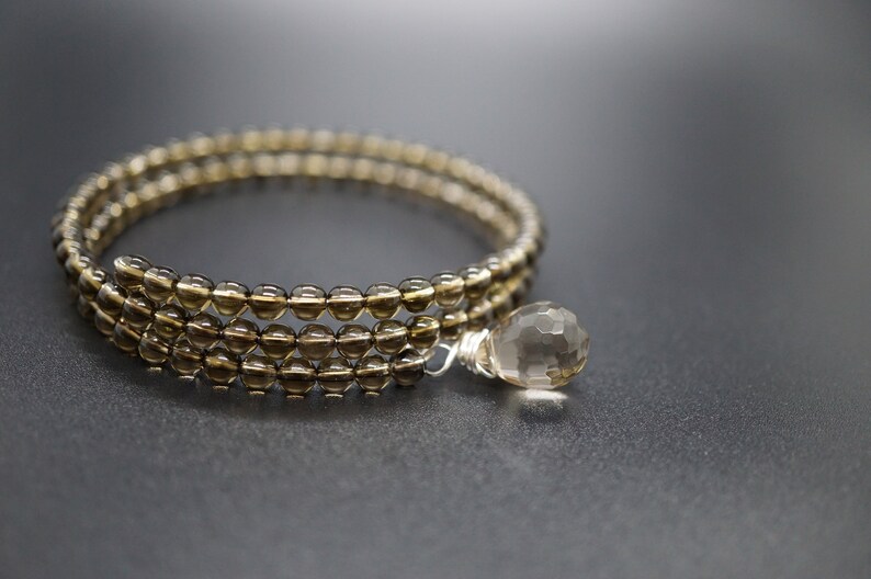 Smooth Smoky Quartz 2 Strand Memory Wire Bracelet Bangle with Tiny Charms 4mm For Her
