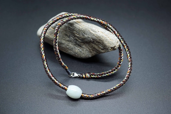 Tibetan Rope Necklace, Knotted Cord Necklace, Natural Jade Charm Choker, Multicolor Cord Choker