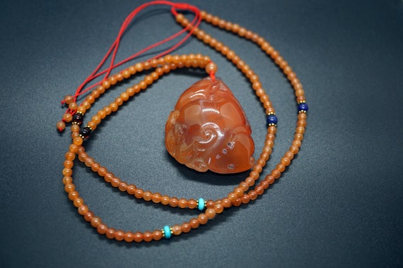 Red Rabbit Hair Quartz Necklace, Red Rutilated Quartz Long Necklace, Carved Lucky Pattern Pendant