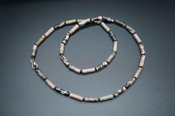 Natural Rhodonite Necklace: Knotted Beaded Necklace, Sterling Silver Clasp, 21.5''