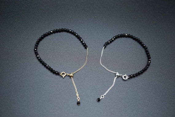 Faceted Black Tourmaline, Silver Adjustable Bracelet, Tiny Tourmaline Bracelet, Half Chain Bracelet, 3.3mm