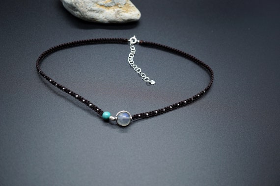 Braided Brown Cord Necklace, String Silver Choker, Moonstone Choker Necklace 15''