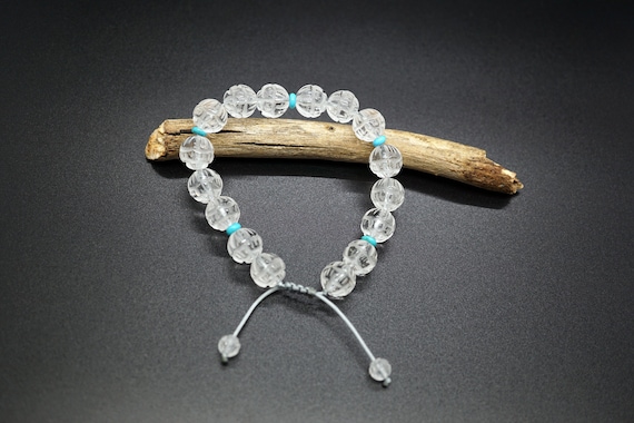 Natural Clear Quartz Bracelet, Carved Lotus Flower Quartz, Adjustable String Bracelet 10mm
