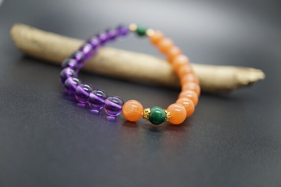 Genuine Amethyst with Sunstone Beaded Bracelet 7MM Multi-beads Stretch Bracelet For Her