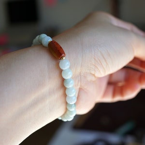 Genuine Light Green Jade Bead Bracelet, Smooth Round Green Jade Bracelet 7mm, Bi-color Nanhong Agate