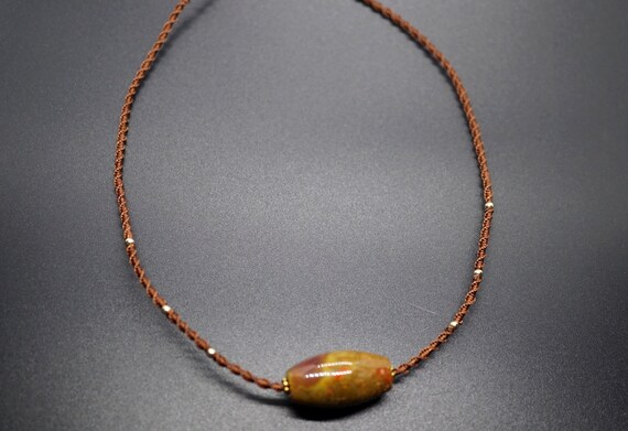 Genuine Multicolor Agate, Oval Nanhong Charm, Handmade Cord Necklace, Agate Choker