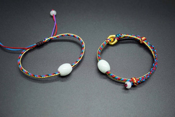 Tibetan Lucky Rope Bracelet, Knotted Cord Bracelet, Natural Jade Charm Bracelet, Couple Bracelet
