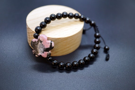 Five Grass Rhodonite with Black Tourmaline Beaded Bracelet Adjustable-length Personalized Gift for Her