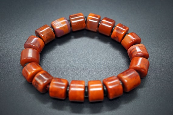 Natural South Red Agate (Nanhong), Chinese Agate, Persimmon Red Beaded Statement Bracelet