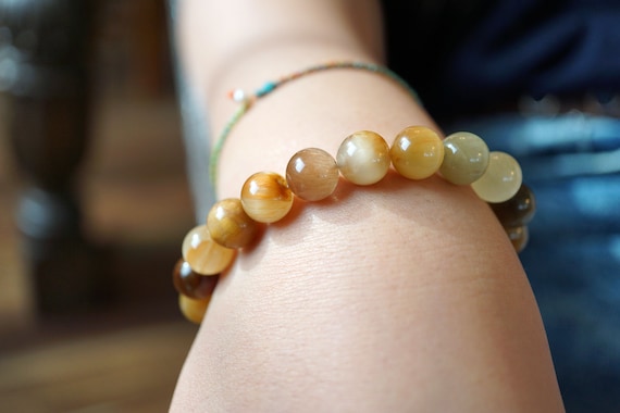 Genuine Variety of color Rutilated Quartz Beaded Bracelet Cat-eye Effect 9.8mm Unique gift