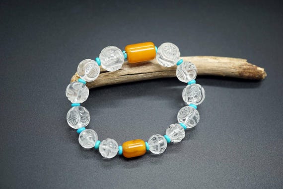 Natural Clear Quartz Bracelet,Carved Shou Dragon and Lotus Bracelet,Graduated Beaded Bracelet