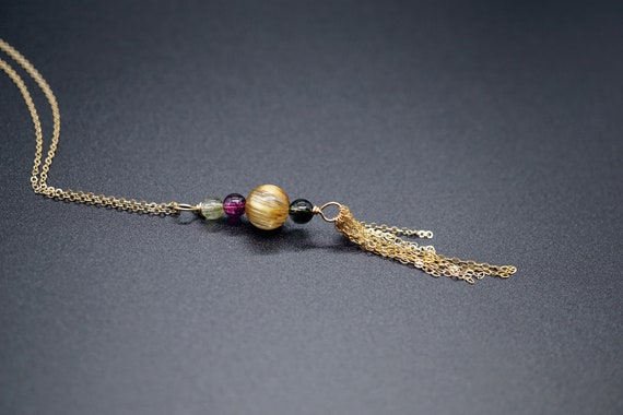 Gold Rutilated Quartz Pendant, Tourmaline Bead Charm Necklace, Gold Tassels Pendant Necklace