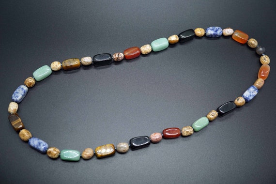Natural Gemstone Necklace, Knotted Bead Necklace, Multicolor Beaded Necklace, 26 inch