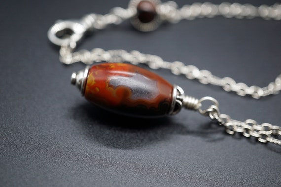Genuine Agate Pendant Oval Nanhong Pendant Necklace, Sterling Silver Oxidized Long Necklace 26''