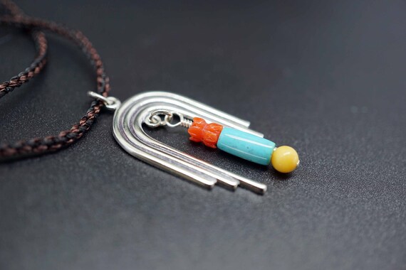 Sterling Silver Arch Pendant, Natural Coral Charm, Turquoise Charm, Handmade Silver Pendant, Braided Cord Necklace
