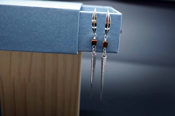 Sterling Silver Ridged Spike Earrings, Texture Silver Dangle Earrings, Almond Hook Earring
