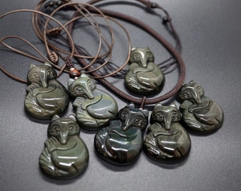 Rainbow Obsidian Fox Pendant Necklace - Adjustable Length